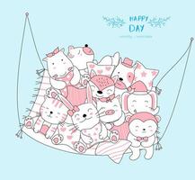 Hand drawn cute baby animals relax in hammock vector