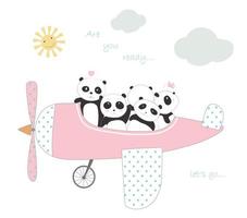 Cute panda babies in plane to travel on holiday vector
