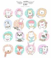 Hand drawn cute baby animals in patterned circle frames vector