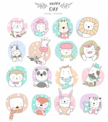 Hand drawn cute baby animals in patterned circle frames