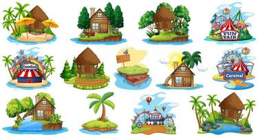 Conjunto de diferentes bungalows y tema de playa de la isla. vector