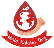 logotipo del día mundial de la malaria o pancarta con mosquitos y la tierra sobre fondo de gota de sangre vector