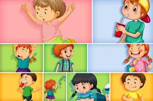 Set of different kid characters on different color background vector