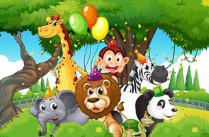 Wild animals with party theme in nature forest background vector