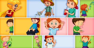 Conjunto de diferentes personajes infantiles sobre fondo de color diferente vector