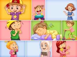 Conjunto de diferentes personajes infantiles sobre fondo de color diferente vector