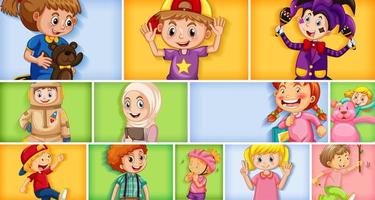 Set of different kid characters on different color background vector
