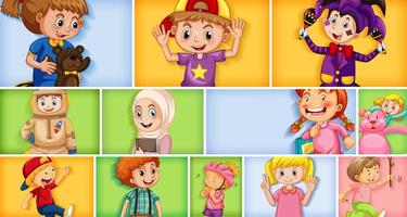 Conjunto de diferentes personajes infantiles sobre fondo de color diferente vector