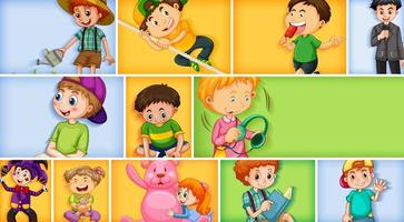 Conjunto de diferentes personajes infantiles sobre fondo de color diferente vector