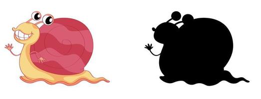 Set of snail cartoon character and its silhouette on white background vector