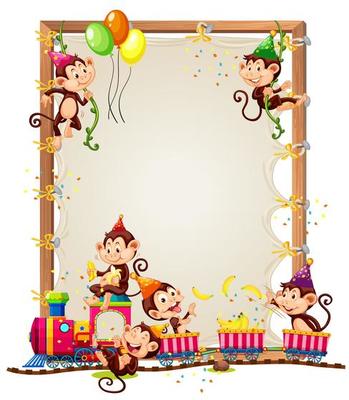 Canvas wooden frame template with monkeys in party theme isolated