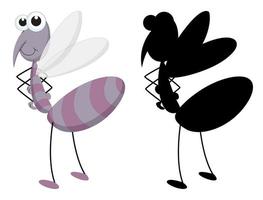 Conjunto de personaje de dibujos animados de insectos y su silueta sobre fondo blanco. vector