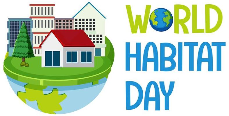 World Habitat Day icon logo with towns or city on globe