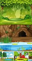 Four different scenes in nature setting cartoon style vector