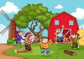 Five little monkey jumping in the farm scene vector