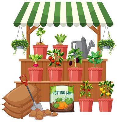 Plant shop with many vegetable tree on white background