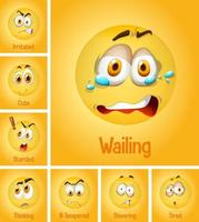 Set of different emotion yellow faces with tired text on yellow background vector