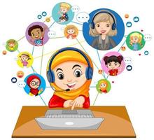 Front view of a muslim girl using laptop for communicate video conference with teacher and friends on white background vector