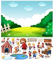Blank nature scene with isolated cartoon character and objects vector