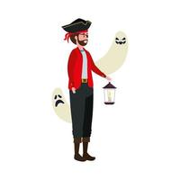 Man in pirate costume with lantern and ghosts vector