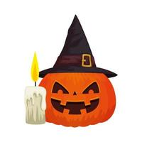 Spooky Halloween pumpkin with witch hat and candle vector