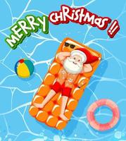 Merry Christmas font with Santa Claus relax in the pool summer theme vector