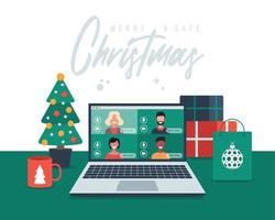 Christmas greeting with family or friends video calling vector