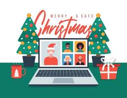 Christmas greeting with family or friends video calling vector