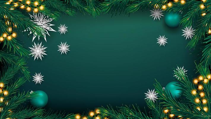 Christmas green background with garland and tree branches