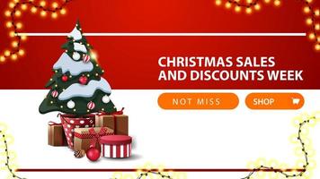 Discount banner with button, garland, and Christmas tree vector