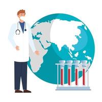 Male doctor with world planet and test tubes vector
