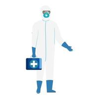Person in hazmat suit protection and first aid kit vector