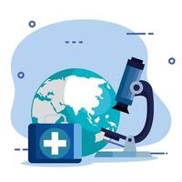 Microscope with Earth planet and first aid kit vector