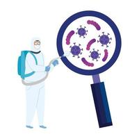 Person in hazmat suit protection and magnifying glass vector