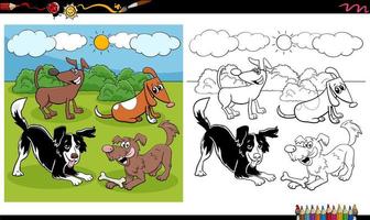 Cartoon dogs and puppies group coloring book page vector