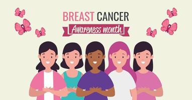 cartel del mes de concientización sobre el cáncer de mama con mujeres jóvenes vector