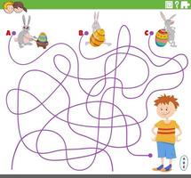 Maze game with boy and Easter bunnies characters vector