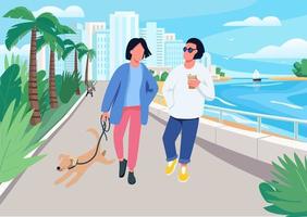 Couple with dog walking along seafront vector