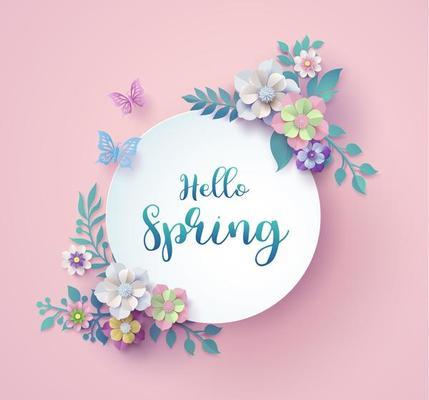 Spring season with frame of flower and leaves.