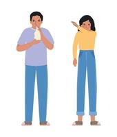 Avatar man and woman with cold and sneezing vector