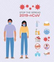 hombre y mujer con prevención del virus ncov 2019 vector