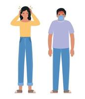 Avatar man and woman with headache and mask vector