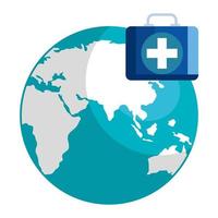 First aid kit with world planet isolated icon vector