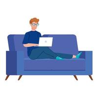 Man on the couch working from home vector