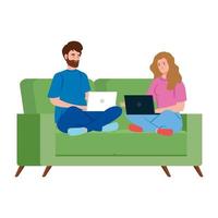 Couple on the couch working from home vector