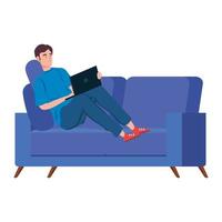 Man on the couch working from home vector