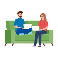 Couple on the couch working from home vector