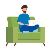 Man on the couch working from home vector