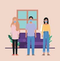 Man and women with masks in living room vector