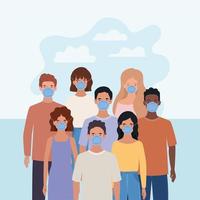Men and women with masks and clouds vector
